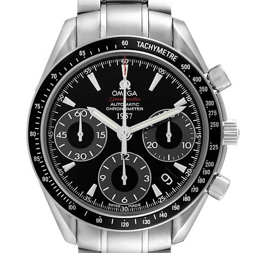 The Omega Speedmaster 323.30.40.40.01.001 Men's Stainless Steel Black Dial 323.30.40.40.01.001 Men's Stainless Steel Black Dial watch is shown from a front angle displaying its dial, tachymeter bezel, and stainless steel bracelet.