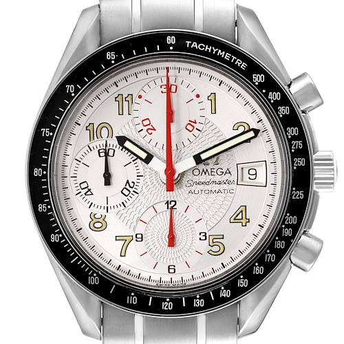 The image shows a front view of the Omega Speedmaster 3513.33.00 Men's Stainless Steel White Dial 3513.33.00 Men's Stainless Steel White Dial watch, displaying its dial, chronograph sub-dials, bezel, and date window.