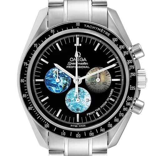 The image shows a frontal view of the Omega Speedmaster 3577.50.00 Men's Stainless Steel Black Dial 3577.50.00 Men's Stainless Steel Black Dial watch, highlighting the dial, sub-dials, and tachyméter bezel.