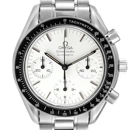 This image shows a front view of the Omega Speedmaster 3510.20.00 Men's Stainless Steel White Dial 3510.20.00 Men's Stainless Steel White Dial watch, highlighting the dial, bezel, and chronograph sub-dials.