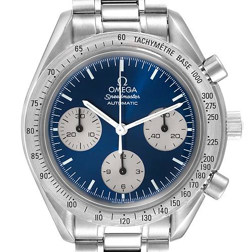 The Omega Speedmaster 3510.82.00 Men's Stainless Steel Blue Dial 3510.82.00 Men's Stainless Steel Blue Dial watch is shown from a front angle, displaying the dial, tachymeter, and part of the bracelet.