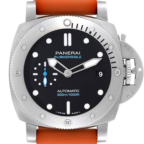 The image shows a front view of a Panerai Submersible PAM01973 Men's Stainless Steel Black Dial PAM01973 Men's Stainless Steel Black Dial watch, featuring its dial, hands, bezel, and part of the orange strap.