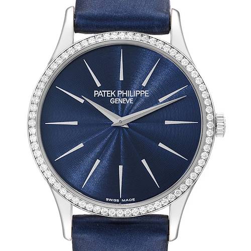 The image shows a frontal view of a Patek Philippe Calatrava 4896G Women's White Gold Blue Dial 4896G Women's White Gold Blue Dial watch with a blue dial and diamond bezel.