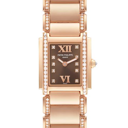 The image shows a Patek Philippe Twenty-4 4908/30R Women's Rose Gold Brown Dial 4908/30R Women's Rose Gold Brown Dial watch from a top-down angle, highlighting its diamond-encrusted bracelet and rectangular dial.