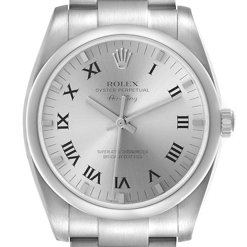 The Rolex Air-King 114200 Men's Stainless Steel Silver Dial 114200 Men's Stainless Steel Silver Dial watch is shown from a top-down angle, highlighting the face with Roman numerals and the crown.