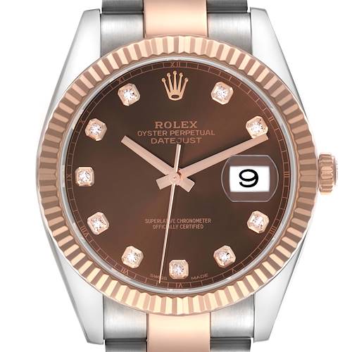 The Rolex Datejust 41 126331 Men's Steel and Gold (two tone) Brown Dial 126331 Men's Steel and Gold (two tone) Brown Dial is shown from the front, highlighting its bezel, dial, diamond hour markers, hands, and date window.
