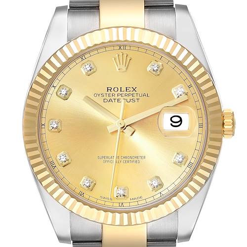 The image shows a Rolex Datejust 41 M126333-0011 Men's Steel and Gold (two tone) Champagne Dial M126333-0011 Men's Steel and Gold (two tone) Champagne Dial watch from a front angle, highlighting its gold dial, diamond hour markers, and date window.
