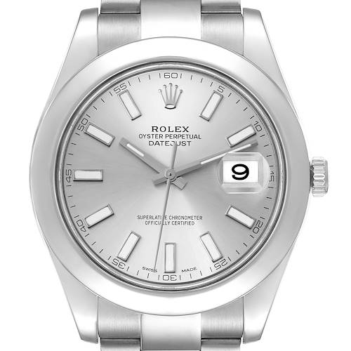 This image shows the face of a Rolex Datejust 116300 Men's Stainless Steel Silver Dial 116300 Men's Stainless Steel Silver Dial watch, including the dial, hands, date window, and part of the bracelet, viewed head-on.