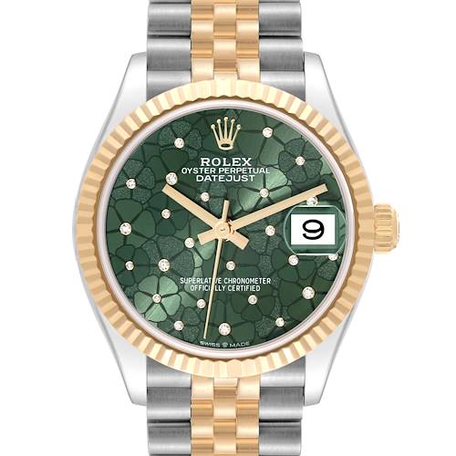This Rolex Datejust Mid-Size watch is shown from the front, displaying the green floral dial, gold bezel, and two-tone bracelet.