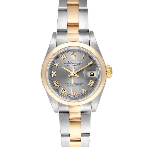 This image shows a Rolex Datejust 79163 Women's Steel and Gold (two tone) Grey Dial 79163 Women's Steel and Gold (two tone) Grey Dial watch from the front, highlighting the dial, bezel, crown, and bracelet.