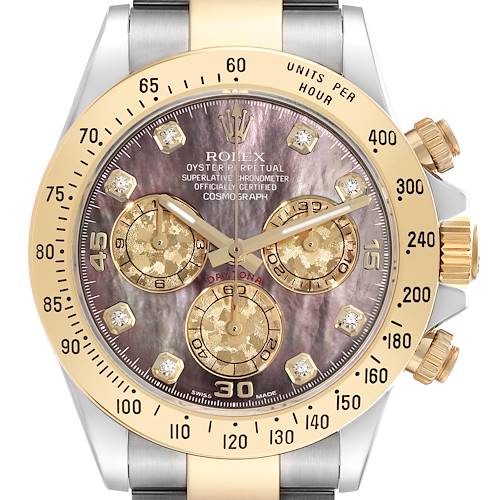 The Rolex Daytona 116523 Men's Steel and Gold (two tone) Mother of Pearl Dial 116523 Men's Steel and Gold (two tone) Mother of Pearl Dial watch is shown from a top-down angle, highlighting its bezel, dial, and sub-dials.