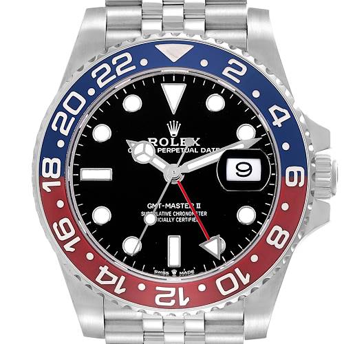The image shows the front view of the Rolex GMT-Master 126710BLRO Men's Stainless Steel Black Dial 126710BLRO Men's Stainless Steel Black Dial II watch, displaying the bezel, dial, hands, and date window.