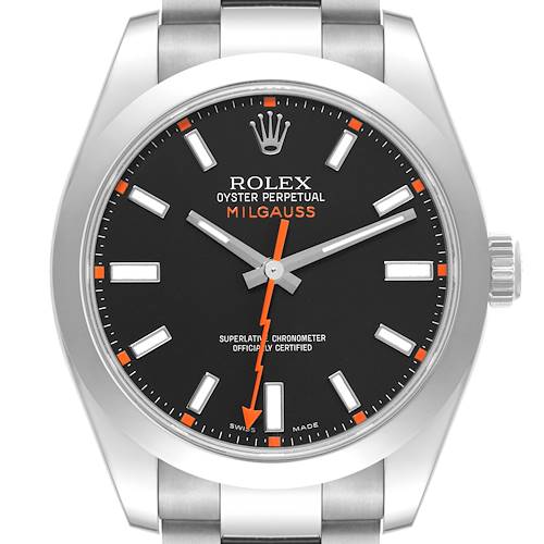 The image shows a front view of a Rolex Milgauss 116400 Men's Stainless Steel Black Dial 116400 Men's Stainless Steel Black Dial watch, highlighting its black dial, hour markers, and orange lightning-bolt seconds hand.