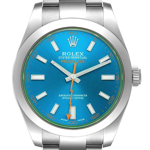 The image shows a front view of the Rolex Milgauss 116400 Men's Stainless Steel Blue Dial 116400 Men's Stainless Steel Blue Dial watch highlighting its blue dial and distinctive orange lightning bolt second hand.