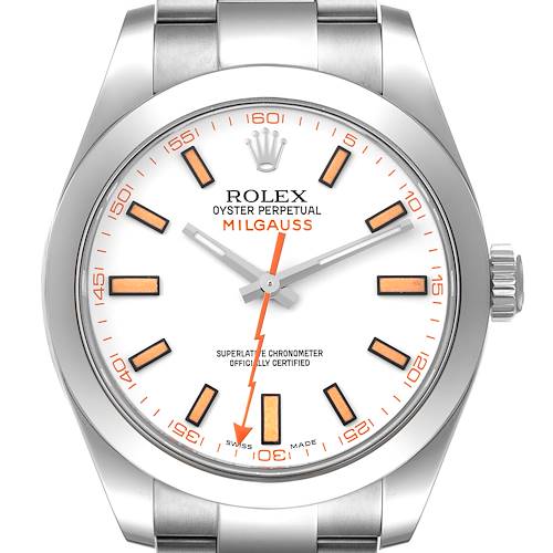 This image shows a front view of the Rolex Milgauss 116400 Men's Stainless Steel White Dial 116400 Men's Stainless Steel White Dial watch, highlighting the dial, hour markers, hands, and part of the bracelet.