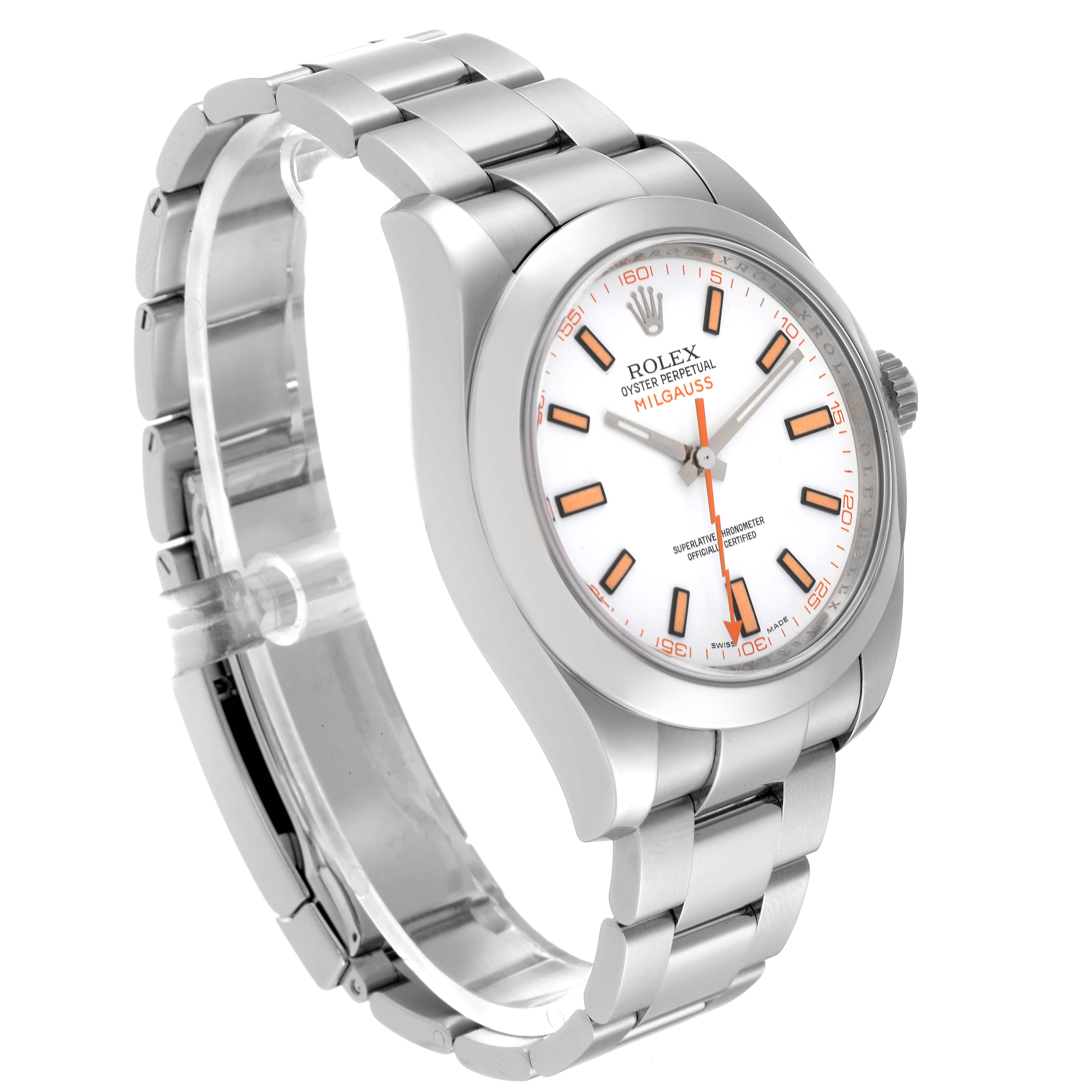 The image shows a Rolex Milgauss 116400 Men's Stainless Steel White Dial 116400 Men's Stainless Steel White Dial watch at a three-quarter angle, highlighting its face, bezel, and bracelet.