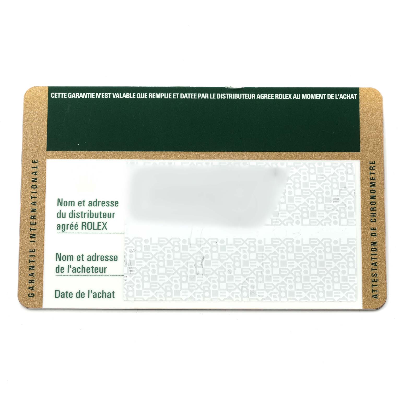 This image shows the warranty card for the Rolex Milgauss 116400 Men's Stainless Steel White Dial 116400 Men's Stainless Steel White Dial watch, with spaces for distributor and buyer information.