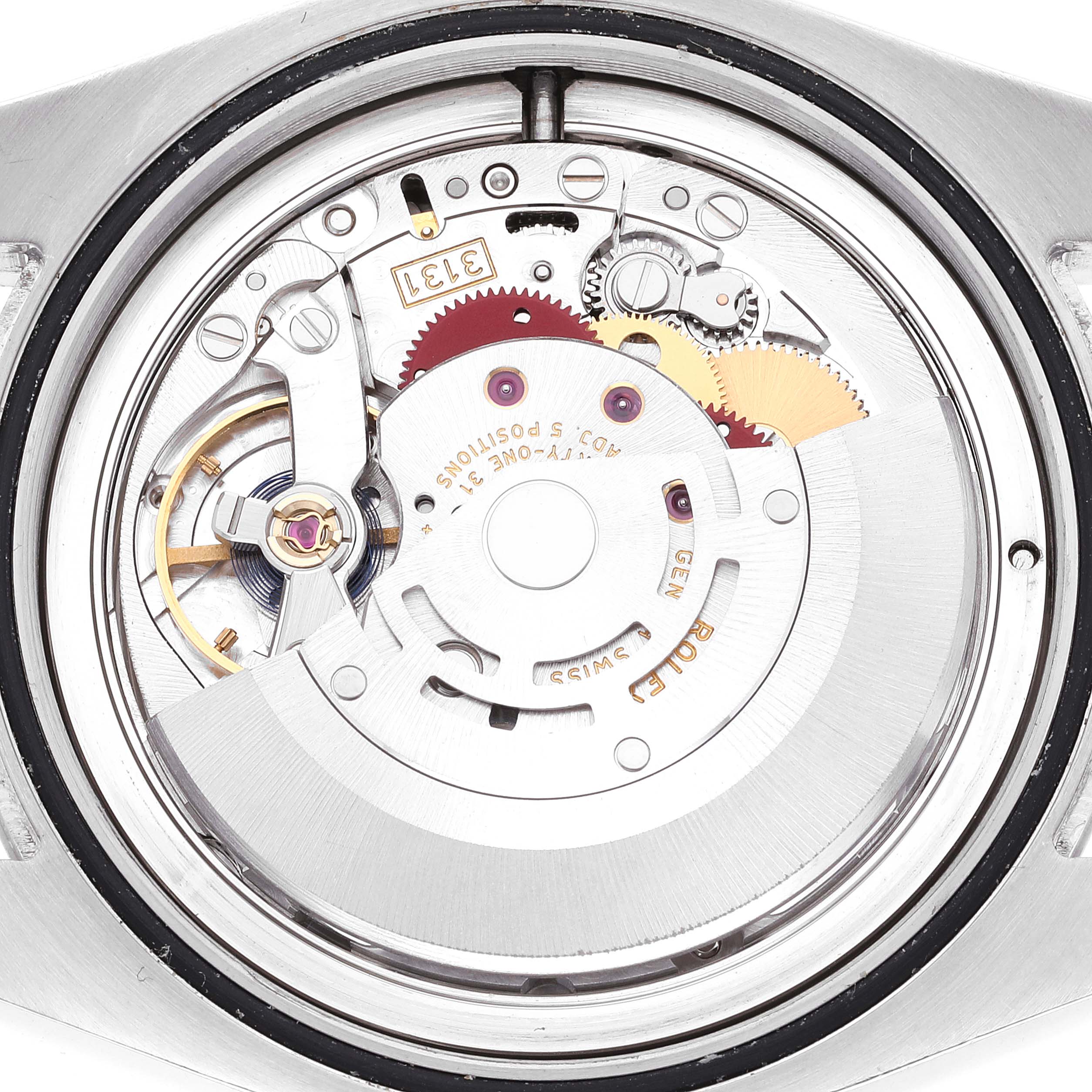 The image shows the back view of the Rolex Milgauss 116400 Men's Stainless Steel White Dial 116400 Men's Stainless Steel White Dial watch, highlighting its intricate internal mechanisms.