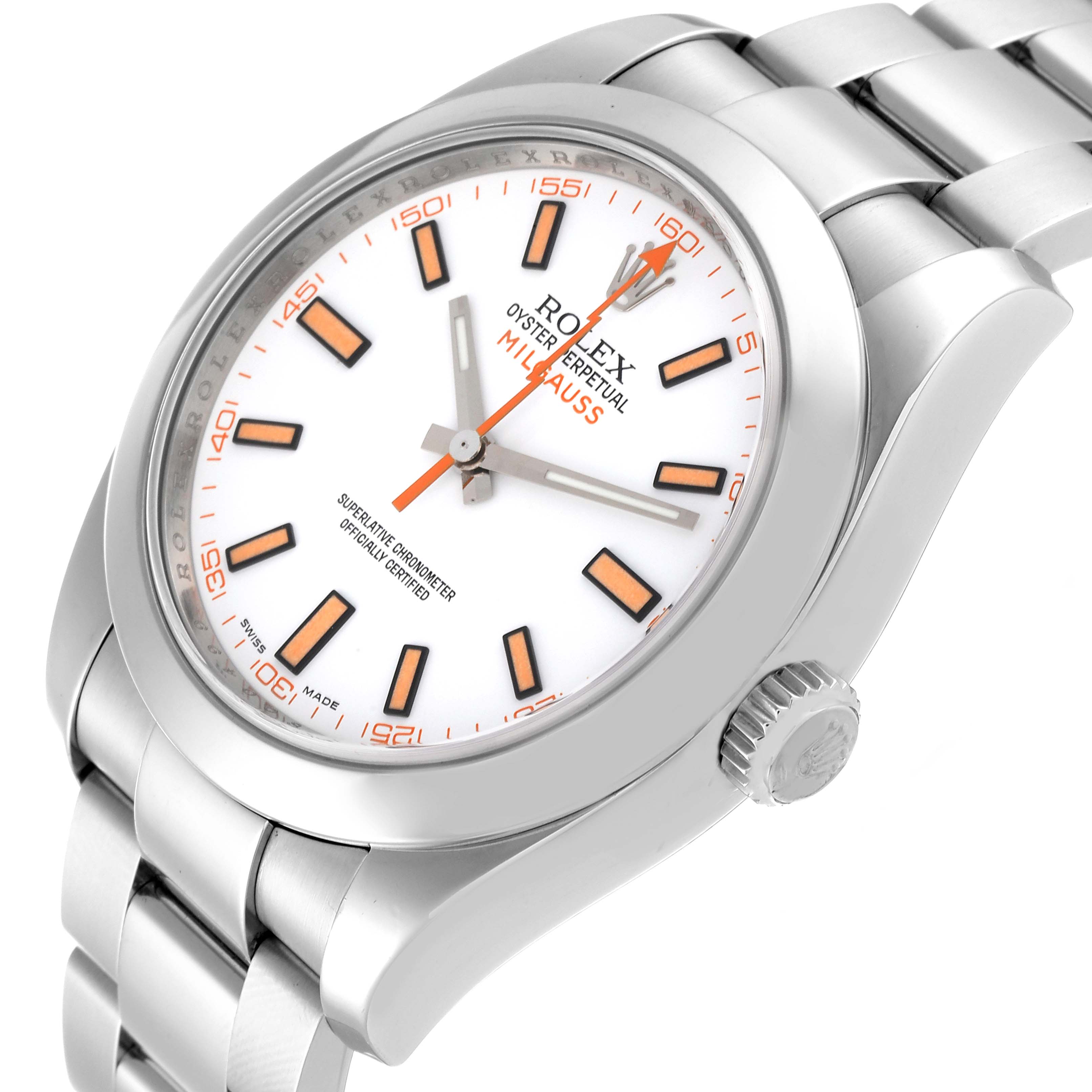 The image shows a close-up, angled view of the Rolex Milgauss 116400 Men's Stainless Steel White Dial 116400 Men's Stainless Steel White Dial watch face, crown, and part of the bracelet.
