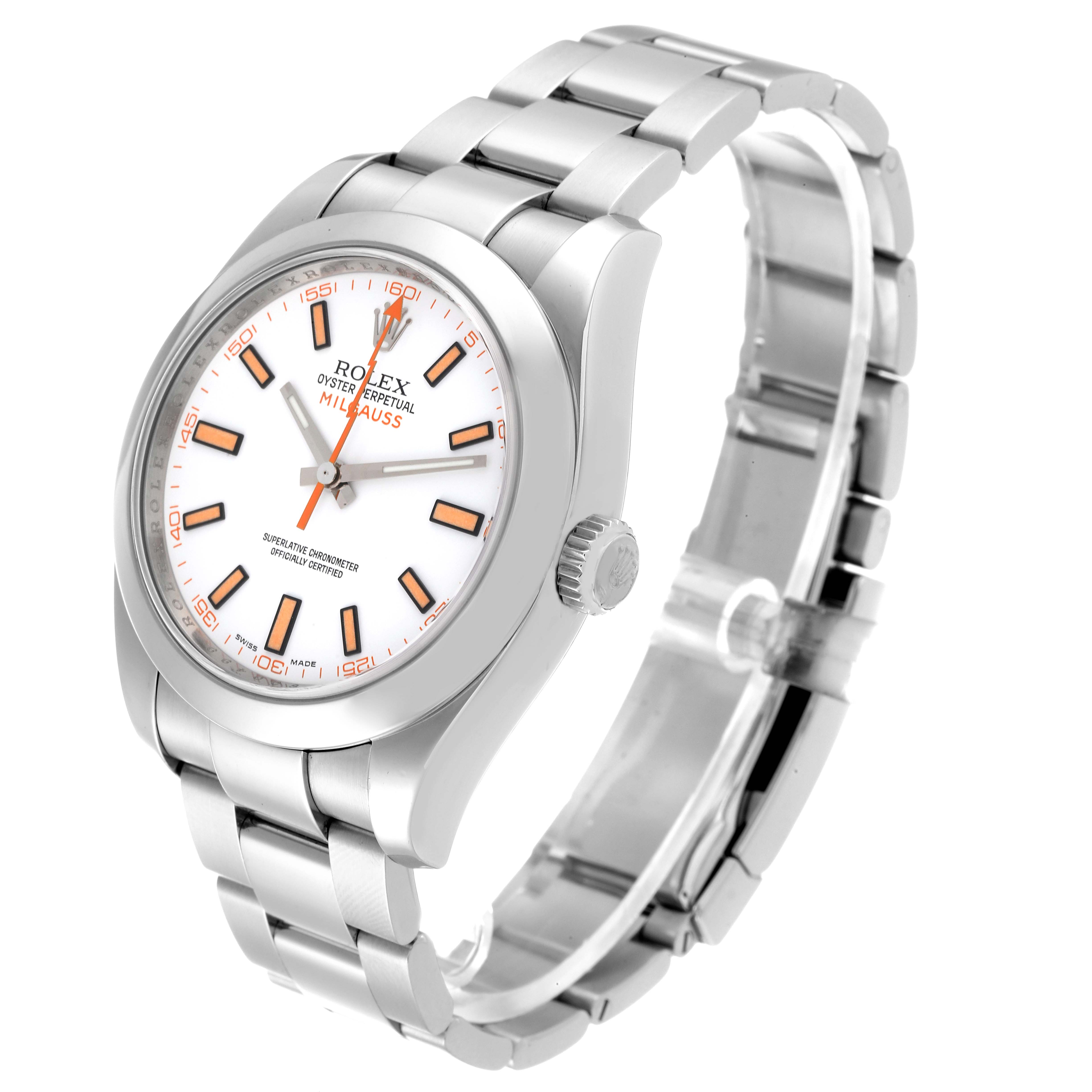 The Rolex Milgauss 116400 Men's Stainless Steel White Dial 116400 Men's Stainless Steel White Dial watch model is shown at a three-quarter angle, displaying its dial, case, crown, and bracelet.