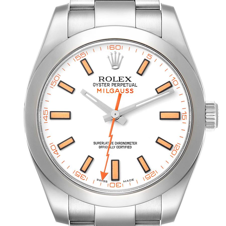 The image shows a front view of a Rolex Milgauss 116400 Men's Stainless Steel White Dial 116400 Men's Stainless Steel White Dial watch, highlighting the dial, hour markers, hands, and part of the bracelet.
