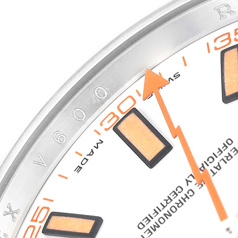 The image shows a close-up angle of the dial, bezel, and second hand of the Rolex Milgauss 116400 Men's Stainless Steel White Dial 116400 Men's Stainless Steel White Dial watch.