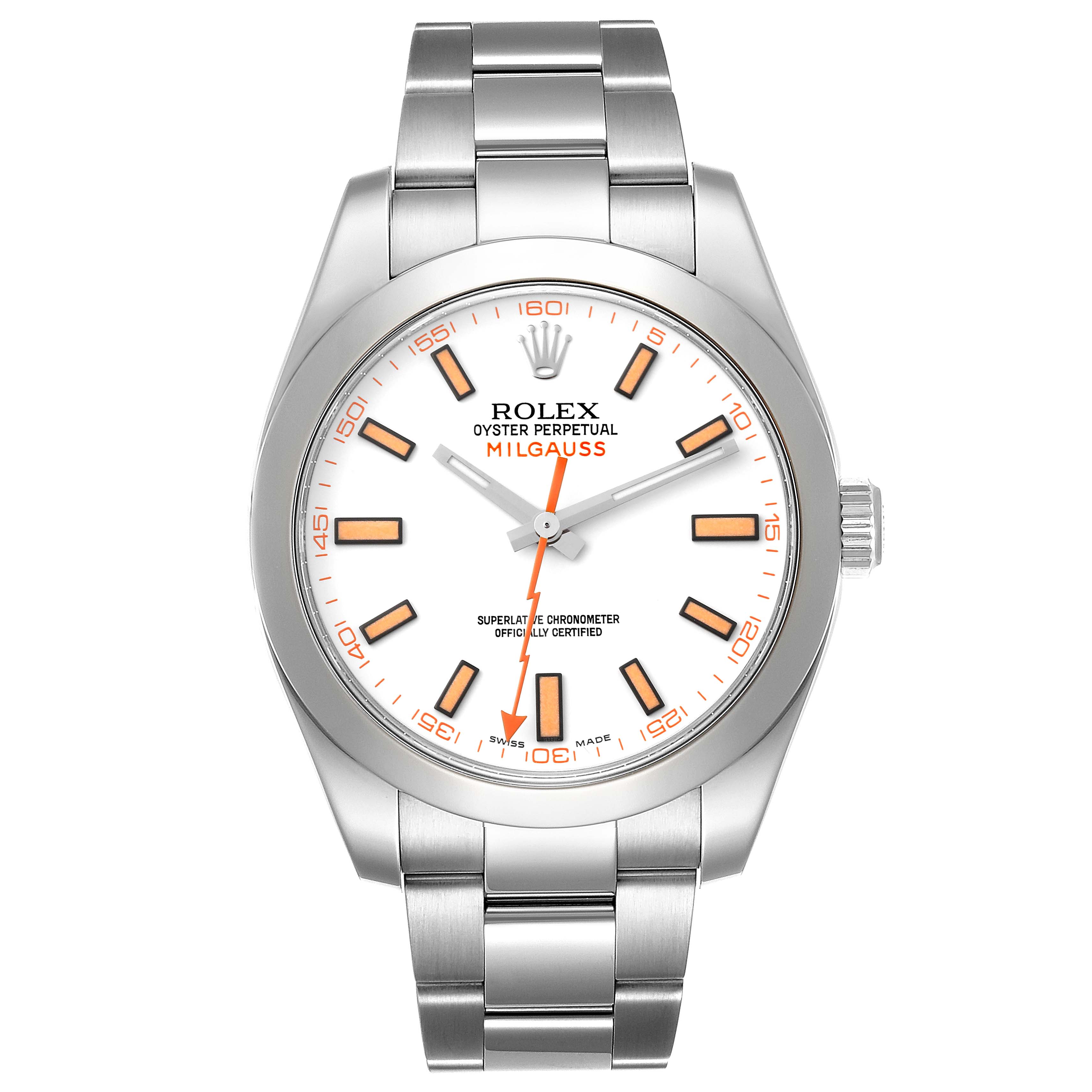 The image shows a front view of a Rolex Milgauss 116400 Men's Stainless Steel White Dial 116400 Men's Stainless Steel White Dial watch, displaying its dial, hour markers, hands, and metal bracelet.