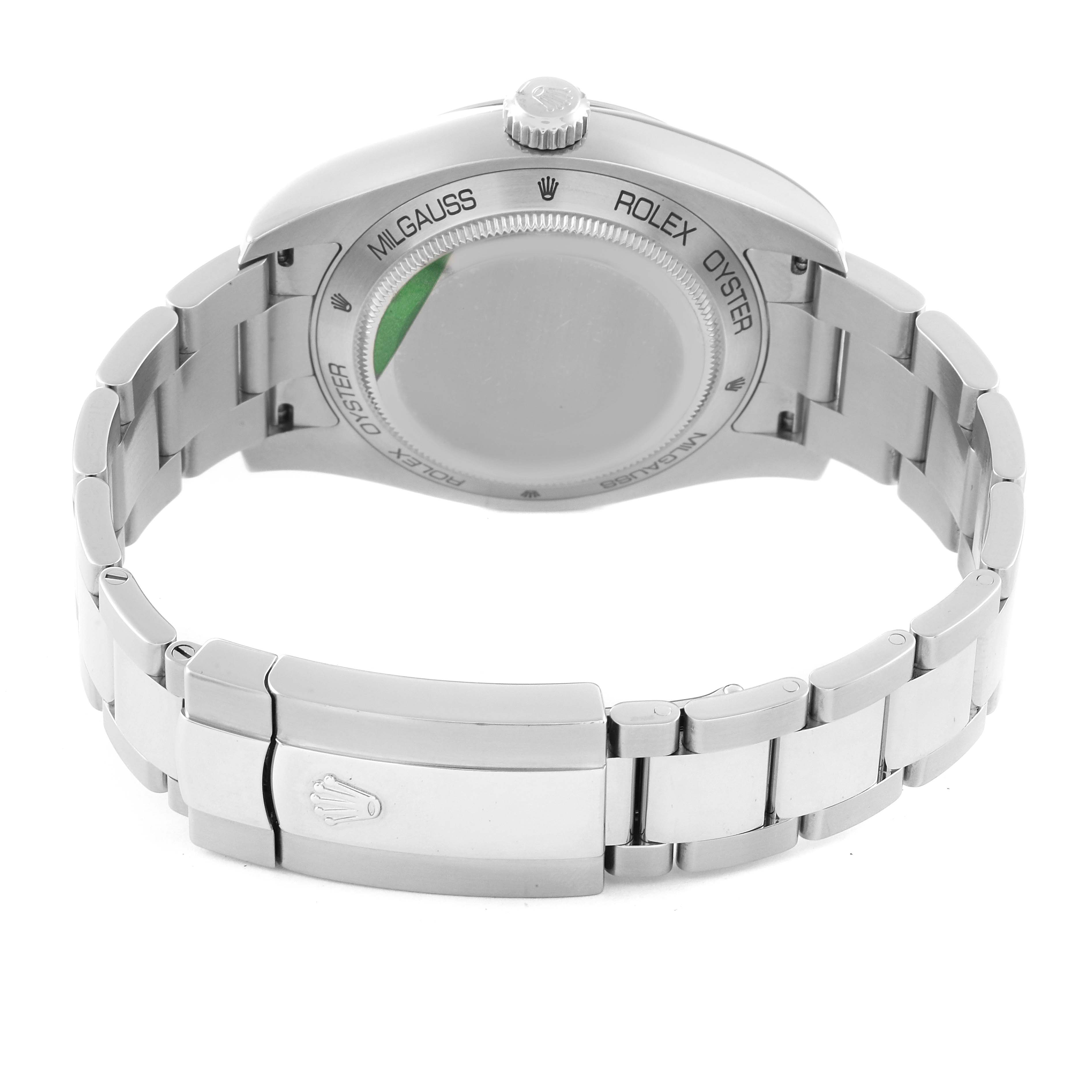 The image shows the back and bracelet clasp of the Rolex Milgauss 116400 Men's Stainless Steel White Dial 116400 Men's Stainless Steel White Dial watch in a straight view.