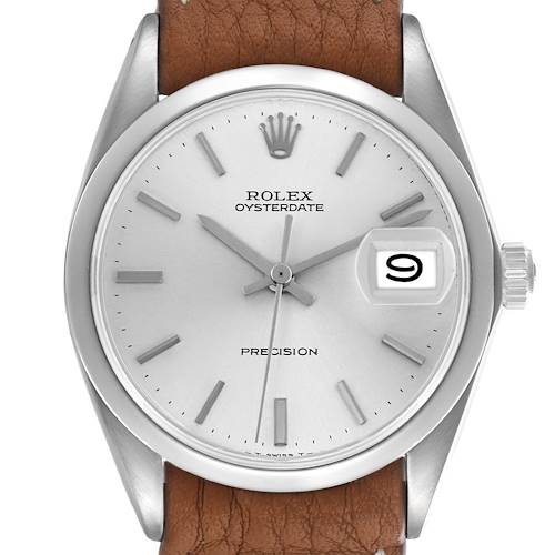 The Rolex Vintage Collection 6694 Men's Stainless Steel Silver Dial 6694 Men's Stainless Steel Silver Dial watch is shown from the front, featuring the dial, bezel, crown, and brown leather strap.