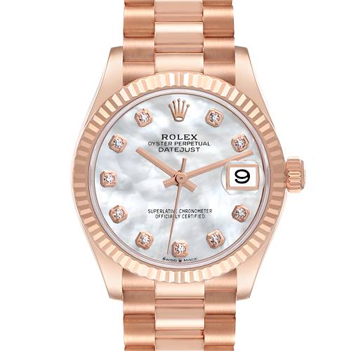 This image shows a frontal view of a Rolex President 278275 Women's Rose Gold Mother of Pearl Dial 278275 Women's Rose Gold Mother of Pearl Dial model watch, highlighting its face, bezel, and bracelet.