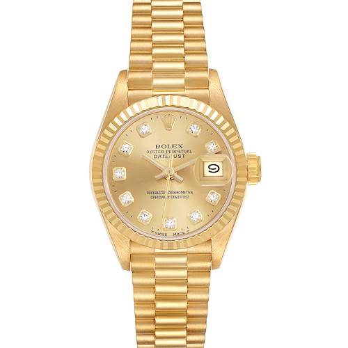 The Rolex President 69178 Women's Yellow Gold Champagne Dial 69178 Women's Yellow Gold Champagne Dial model is shown from the front, displaying the watch face, bezel, and bracelet.