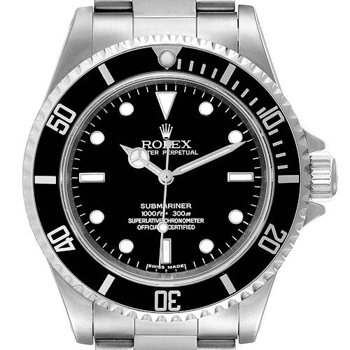 The image shows a front view of a Rolex Submariner 14060M Men's Stainless Steel Black Dial 14060M Men's Stainless Steel Black Dial watch, highlighting its dial, bezel, and part of the bracelet.