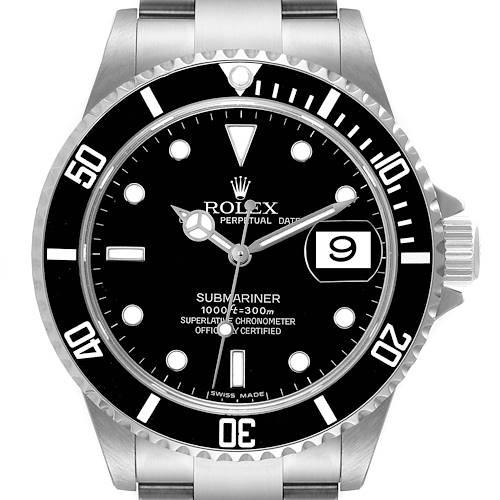 This is a front view of the Rolex Submariner 16610 Men's Stainless Steel Black Dial 16610 Men's Stainless Steel Black Dial watch, displaying the dial, bezel, hands, and bracelet.