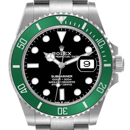 The image shows a front view of the Rolex Submariner 126610LV Men's Stainless Steel Black Dial 126610LV Men's Stainless Steel Black Dial watch model, showcasing the dial, bezel, and part of the bracelet.