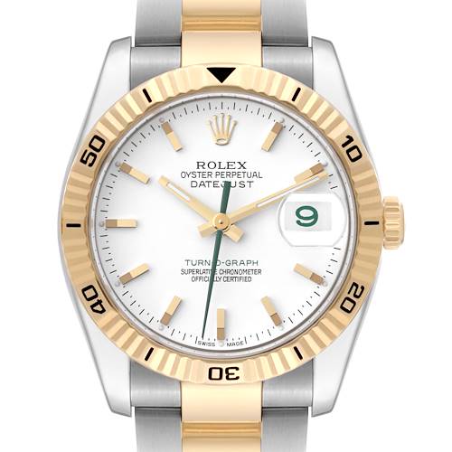 The image shows a frontal view of the Rolex Turn-o-Graph 116263 Men's Steel and Gold (two tone) White Dial 116263 Men's Steel and Gold (two tone) White Dial watch, highlighting the dial, bezel, and part of the bracelet.