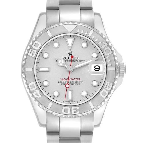 The Rolex Yacht-Master 168622 Men's Stainless Steel Silver Dial 168622 Men's Stainless Steel Silver Dial watch is shown from the front, displaying the bezel, dial, hands, date window, and bracelet.