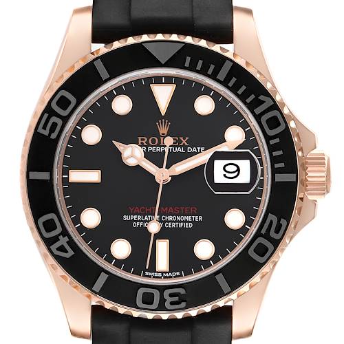 The Rolex Yacht-Master 116655 Men's Rose Gold Black Dial 116655 Men's Rose Gold Black Dial watch is shown from the front, displaying the dial, bezel, and part of the bracelet.