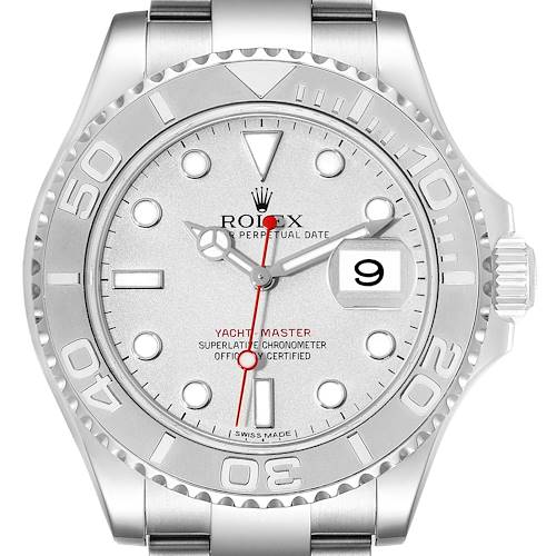 The image shows a front view of the Rolex Yacht-Master 116622 Men's Stainless Steel Silver Dial 116622 Men's Stainless Steel Silver Dial watch, highlighting its face, bezel, and bracelet.