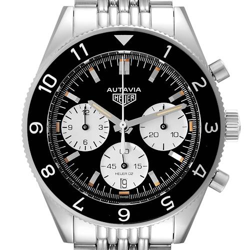 This image shows a front view of the Autavia model by Tag Heuer, highlighting the watch face, hands, subdials, bezel, and bracelet.