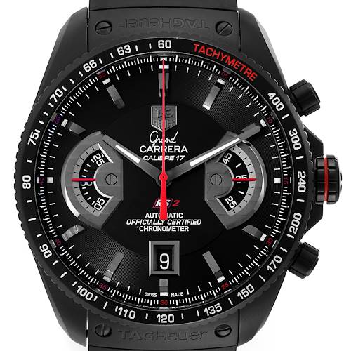 The image shows a front view of a Tag Heuer Carrera CAV518B.FT6016 Men's Stainless Steel Black Dial CAV518B.FT6016 Men's Stainless Steel Black Dial watch, displaying its dial, crown, and tachymeter bezel.