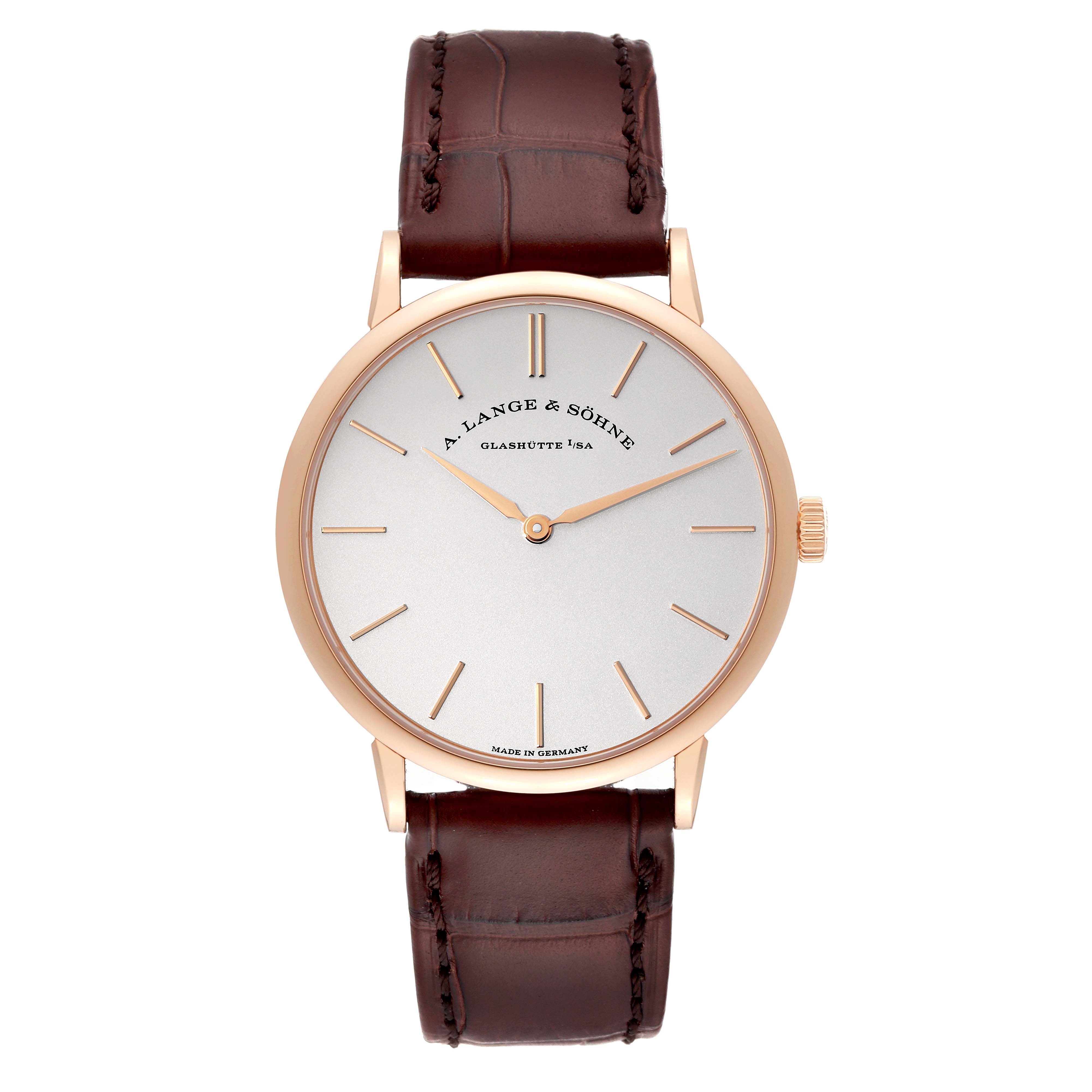 The A. Lange & Sohne Saxonia 201.033 Men's Rose Gold Silver Dial watch is shown from the front, displaying its dial, case, crown, and leather strap.