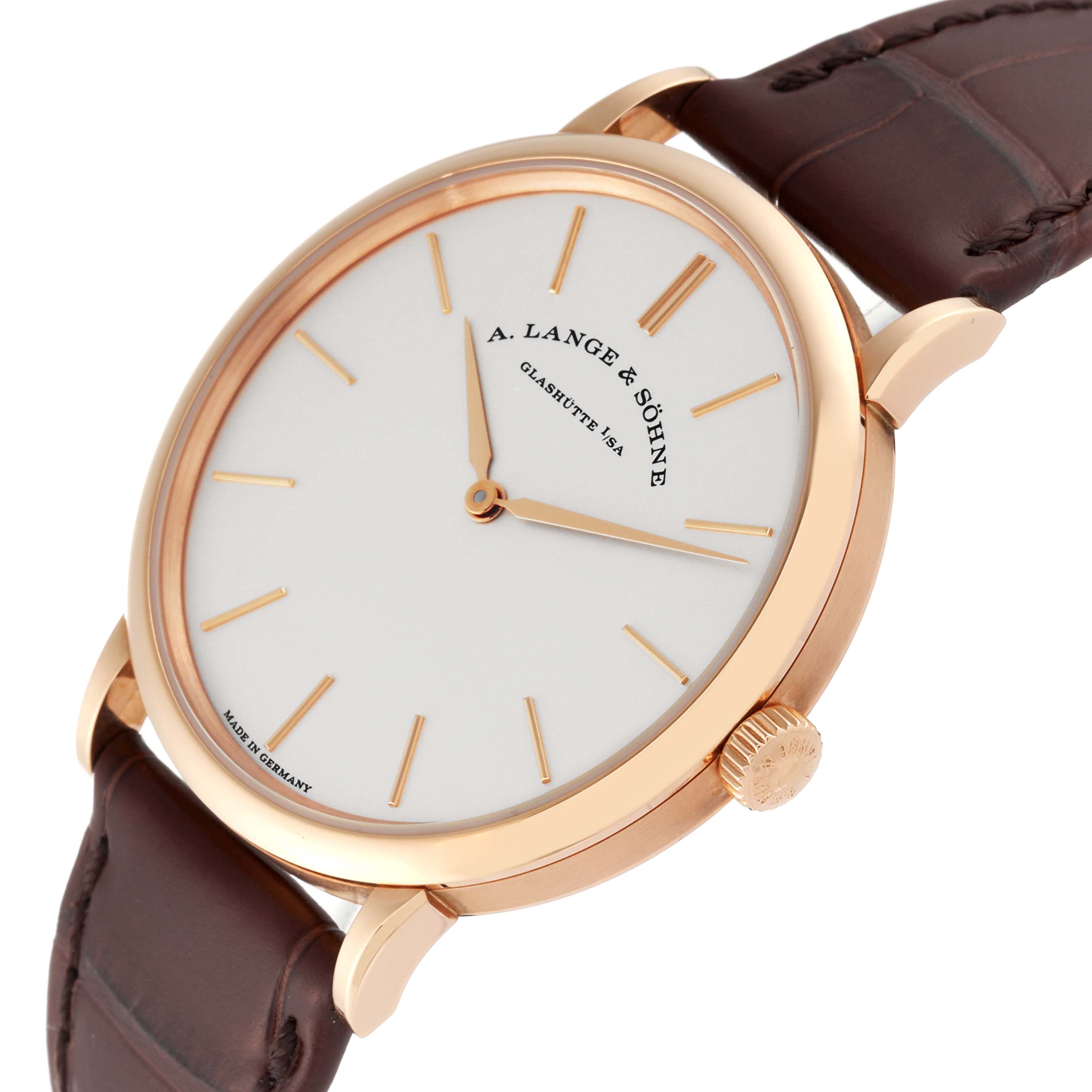 The image shows an angled view of the A. Lange & Sohne Saxonia 201.033 Men's Rose Gold Silver Dial watch highlighting the dial, crown, case, and leather strap.