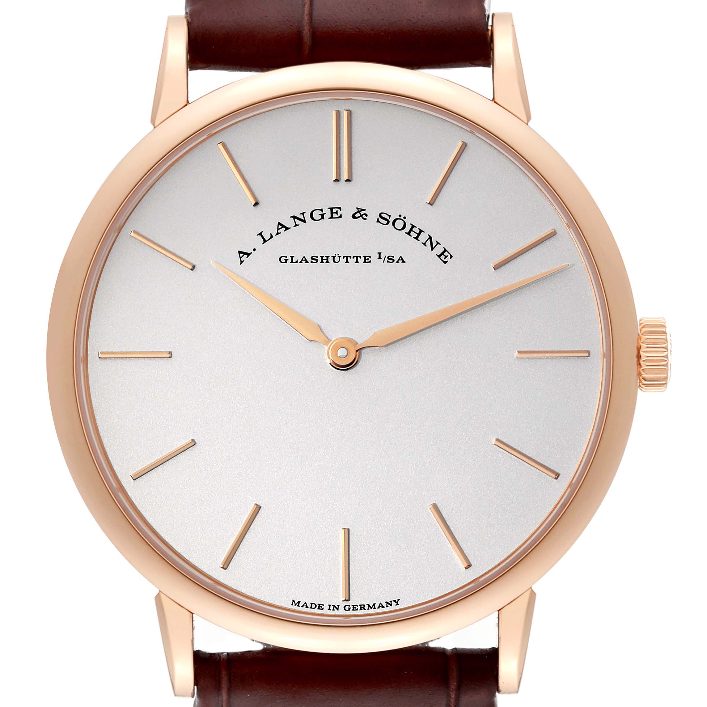 The image shows a front view of the dial and case of the Saxonia model by A. Lange & Söhne.