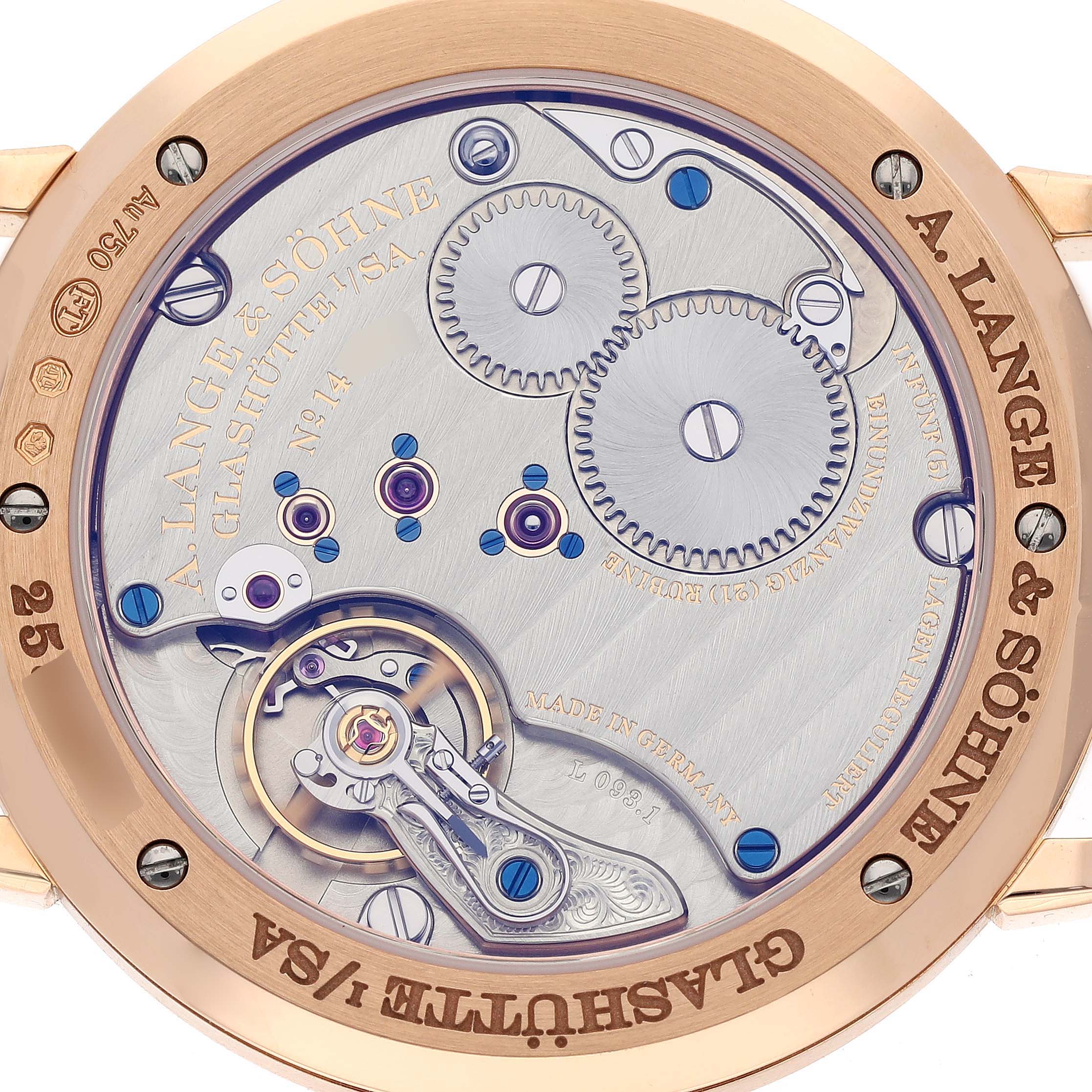 The image shows the back view of the A. Lange & Sohne Saxonia, highlighting its intricate movement and craftsmanship.