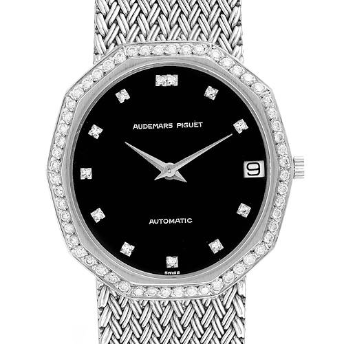 This image of the Audemars Piguet Vintage Men's White Gold Black Dial Men's White Gold Black Dial model shows a front view of the watch, highlighting its face, hands, dial, and part of the strap.