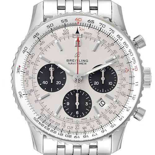 The image displays a close-up of the Breitling Navitimer AB0121 Men's Stainless Steel Silver Dial AB0121 Men's Stainless Steel Silver Dial watch face and part of its metallic bracelet.