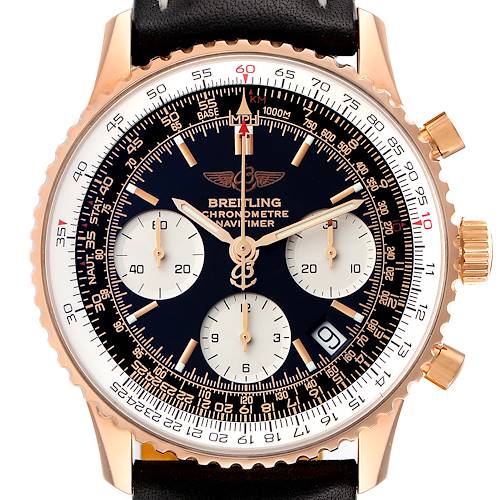 The image shows a Breitling Navitimer R23322 Men's Rose Gold Black Dial R23322 Men's Rose Gold Black Dial watch from a frontal angle, highlighting its chronograph dials, bezel, and crown.