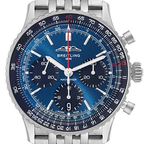 The Breitling Navitimer AB0139241C1A1 Men's Stainless Steel Blue Dial AB0139241C1A1 Men's Stainless Steel Blue Dial is shown from the front, highlighting its blue dial, chronograph subdials, and stainless steel bracelet.
