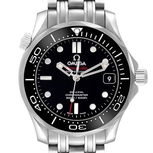 The Omega Seamaster 212.30.36.20.01.002 Men's Stainless Steel Black Dial 212.30.36.20.01.002 Men's Stainless Steel Black Dial watch is shown front-facing, highlighting the dial, bezel, hands, crown, and part of the bracelet.
