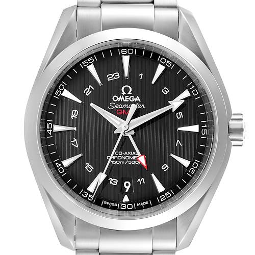 The image shows a front view of the Omega Aqua Terra 231.10.43.22.01.001 Men's Stainless Steel Black Dial 231.10.43.22.01.001 Men's Stainless Steel Black Dial Seamaster GMT watch, displaying its dial, bezel, and bracelet.